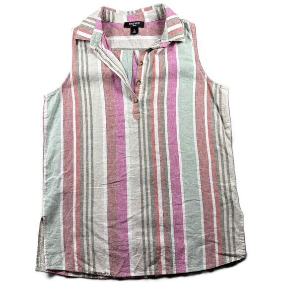 Nine West Women Tank Top Linen Striped Polo Collar Preppy Sporty Medium C207 - Picture 1 of 9